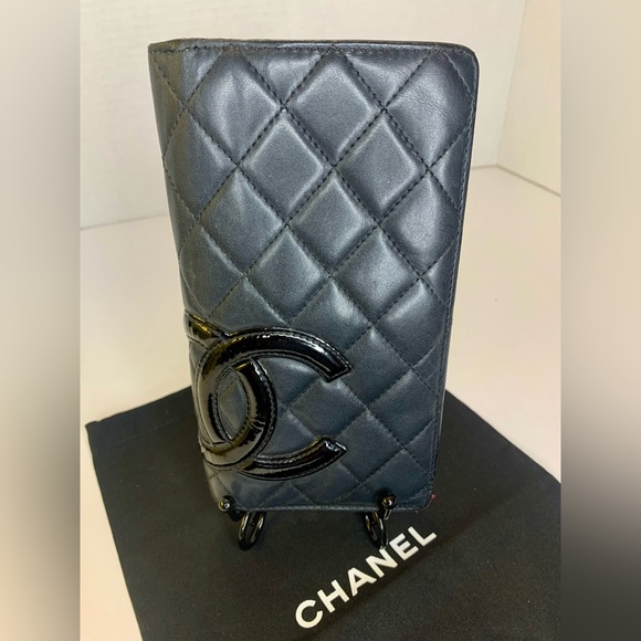 CHANEL Cambon Bi fold Long Wallet Line Coco Mark Leather / Black ~ Neon Pink COA - Picture 1 of 16